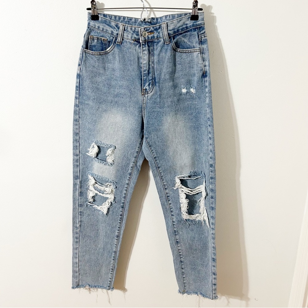 Shein High Waisted Highly Distressed Light Wash Denim Jeans Tattered Frayed 🟦👖